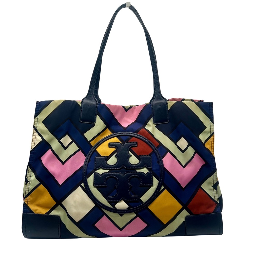Tory Burch Ella Tote Bag Geometric Mosaic Print Nylon Leather Navy Multicolor
